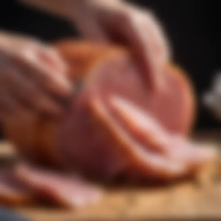 A close-up view of uncured ham being sliced with precision, revealing its tender and juicy interior.