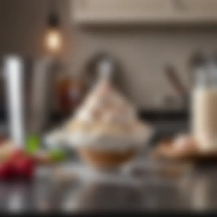 An organized kitchen counter with essential ingredients for ice cream making, emphasizing simplicity.