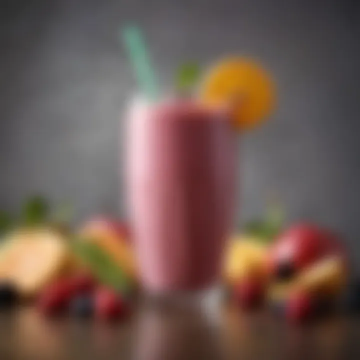 A smoothie glass filled with a luscious fruit blend, garnished beautifully