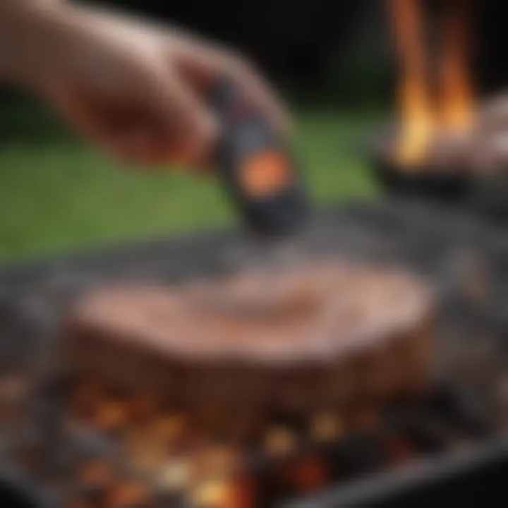 An infrared thermometer measuring the temperature of a steak on the grill