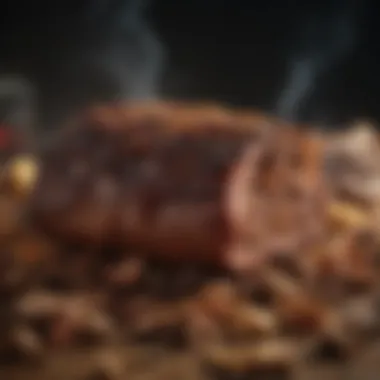 A smoker filled with brisket, surrounded by wood chips