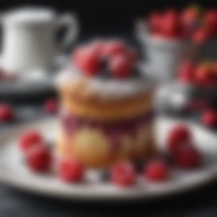 A charming dessert soufflé topped with fresh berries and a dusting of powdered sugar