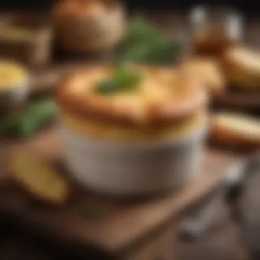 A savory cheese soufflé presented elegantly on a rustic wooden table