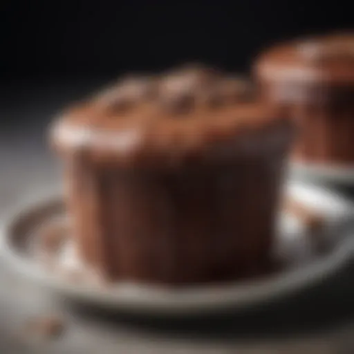 A beautifully risen chocolate soufflé with a glossy top served in a ramekin