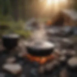 A scenic campsite with a Dutch oven placed over hot coals