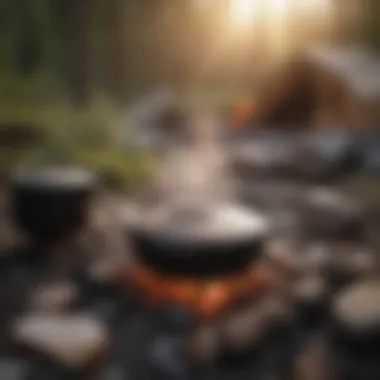 A scenic campsite with a Dutch oven placed over hot coals