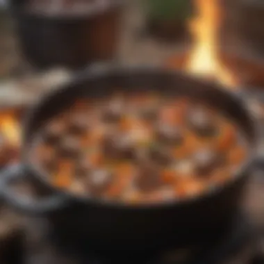 Close-up of a hearty stew simmering in a Dutch oven