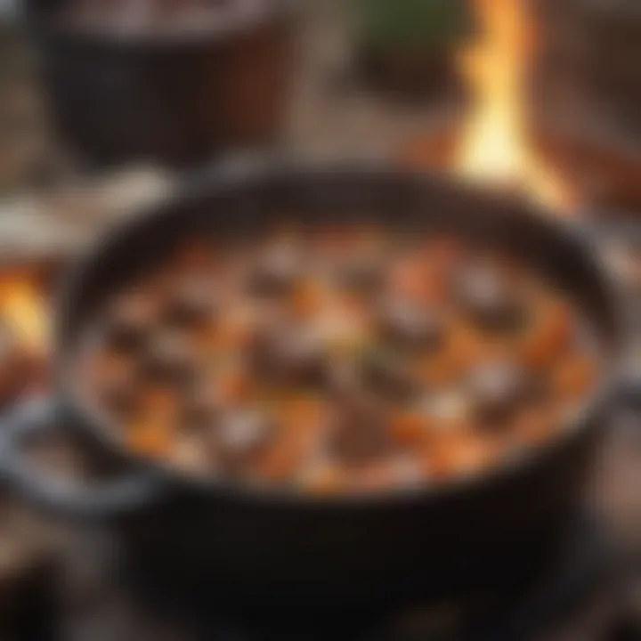 Close-up of a hearty stew simmering in a Dutch oven