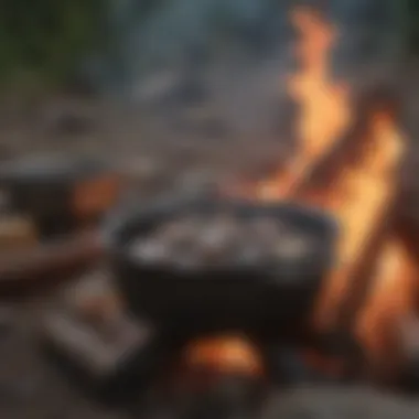 Safety measures displayed at a campfire with a Dutch oven