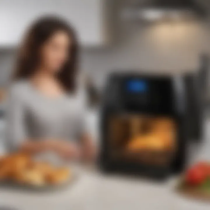 A user engaging with the Power Air Fryer Pro Oven, demonstrating its user-friendly interface.