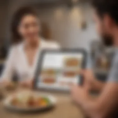 Couple Discussing Meal Plan with Tablet A couple discussing their meal plan while reviewing a tablet with meal prep ideas.