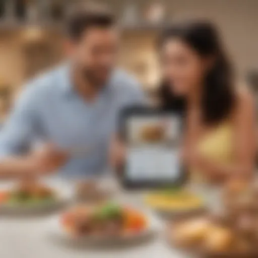 A couple enjoying a meal together with a tablet displaying a meal planning app.