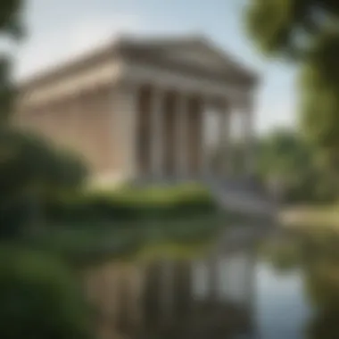 The Parthenon in Nashville, a full-scale replica of the original in Athens, surrounded by lush greenery and reflecting pools.