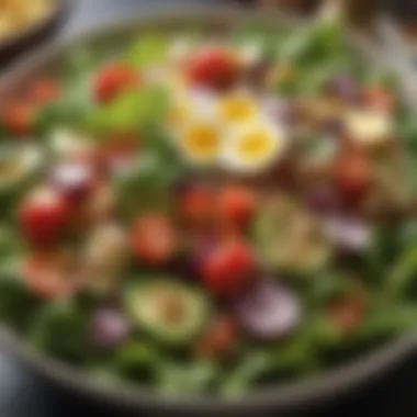 Close-up of a delicious premade salad with diverse ingredients