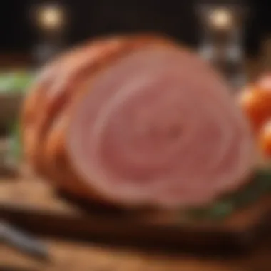 A beautifully glazed spiral cut ham displayed on a rustic wooden table.