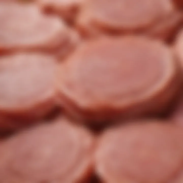 A close-up of price tags on spiral cut hams, illustrating price variations.