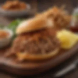 Savory pulled pork served on a wooden platter with garnishes