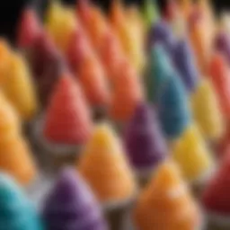 Colorful array of snow cone syrups arranged in a vibrant display.