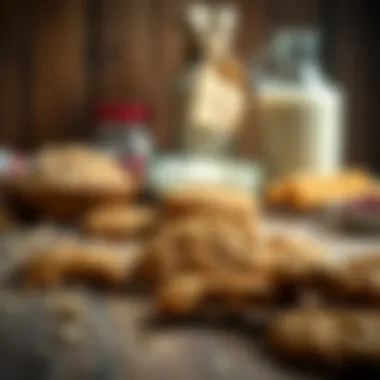 A rustic wooden table with freshly baked oatmeal cookies and ingredients