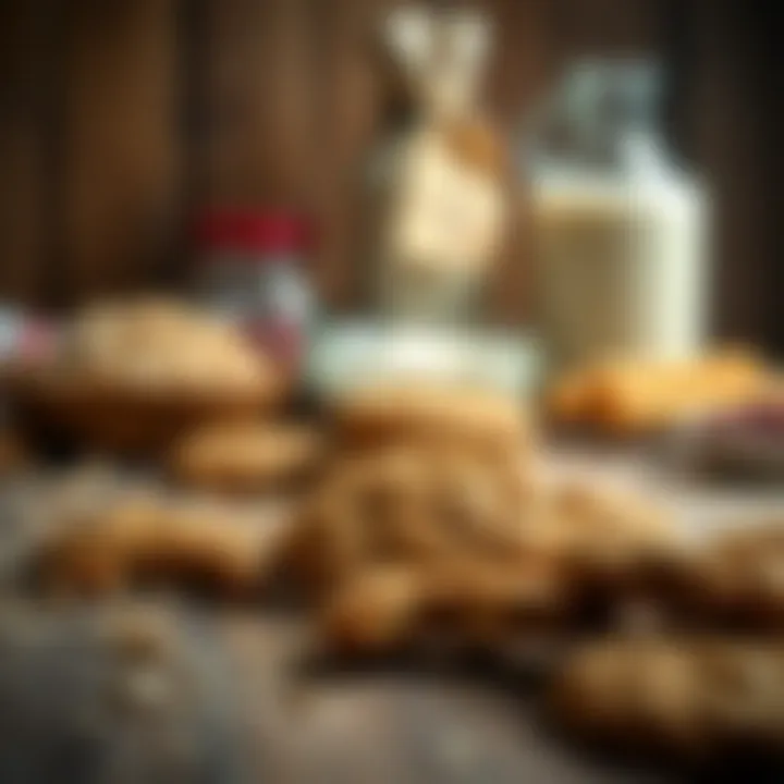 A rustic wooden table with freshly baked oatmeal cookies and ingredients