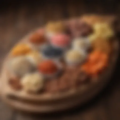 An assortment of flavorful high protein snacks displayed beautifully on a wooden platter