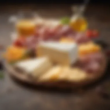 An elegant presentation of cheese slices and cold cuts, representing protein-rich snack choices