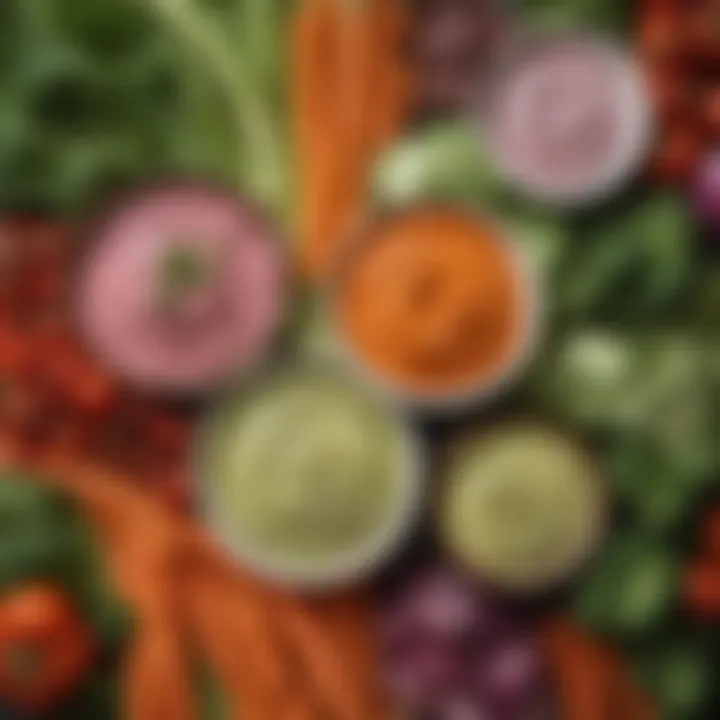A vibrant display of colorful vegetables accompanied by high-protein dips