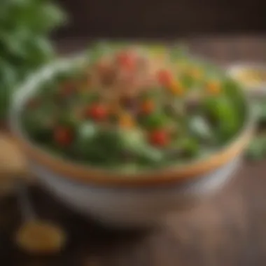 Nutrient-Rich Salad for Enhanced Satiety An elegant bowl filled with a colorful salad featuring leafy greens, seeds, and legumes.