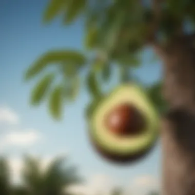 An avocado tree laden with ripe fruit against a clear blue sky