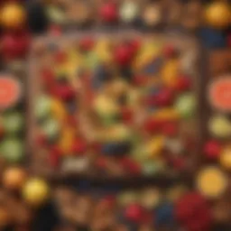 A colorful array of fresh fruits and nuts arranged artistically on a wooden table.