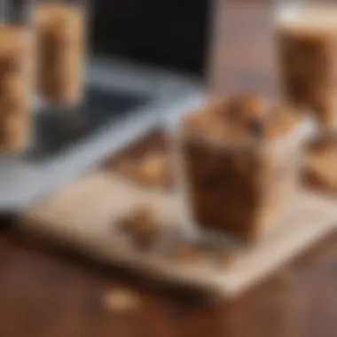 A sleek container filled with wholesome granola bars placed beside a laptop.