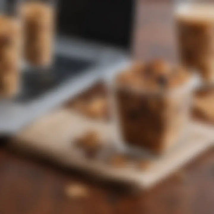A sleek container filled with wholesome granola bars placed beside a laptop.