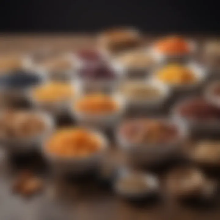 A neatly organized display of various seeds and dried fruits in small bowls.