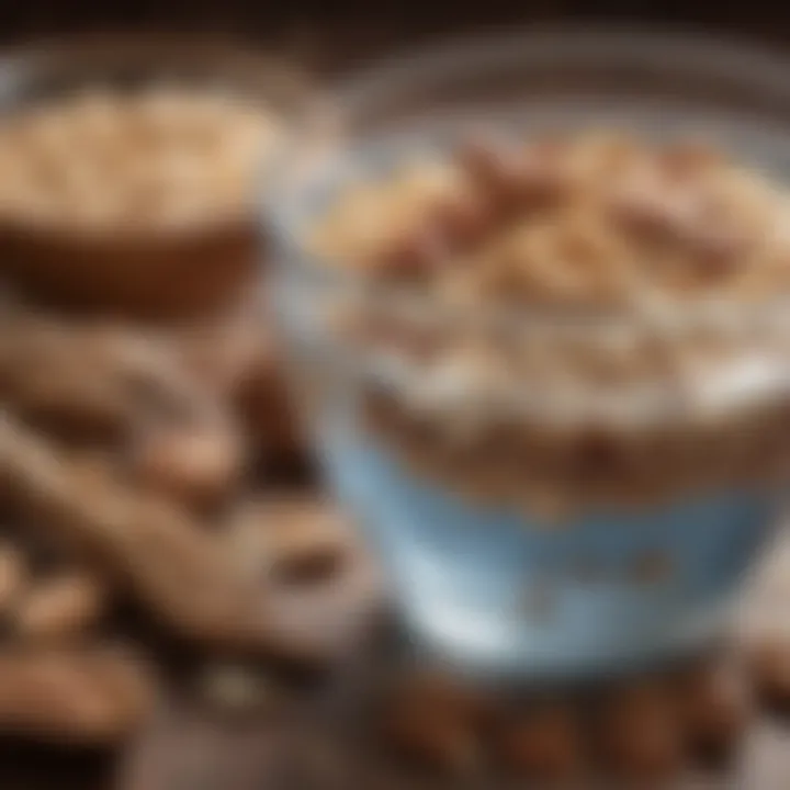 A refreshing glass of water next to a bowl of whole grains and nuts.