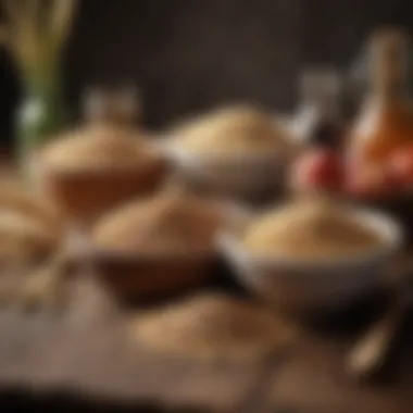 A variety of whole grains displayed in a rustic setting.