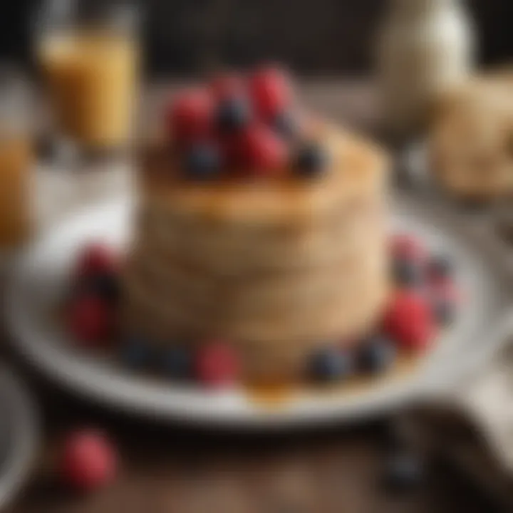 A plate of oat pancakes garnished with berries and honey