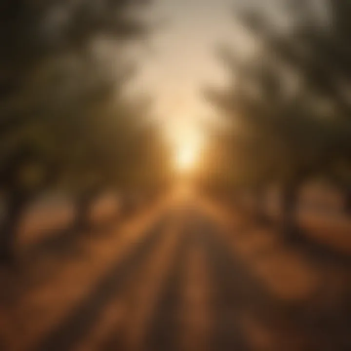 An olive grove at sunset, showcasing the origin of olive oil