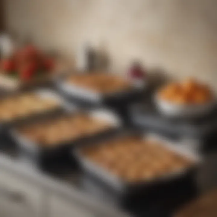 Metal baking pans arranged on a kitchen counter