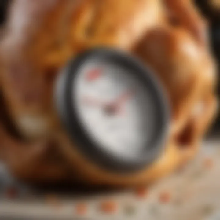 A digital meat thermometer inserted into a roasted chicken