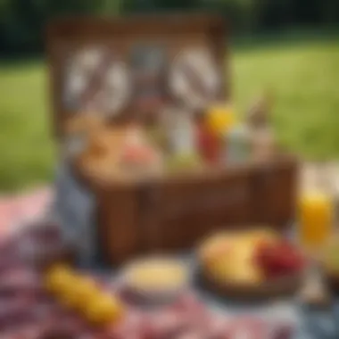 A picnic basket filled with healthy snacks and refreshing beverages