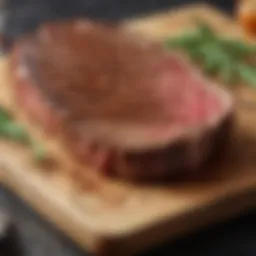 A beautifully seasoned steak on a wooden cutting board