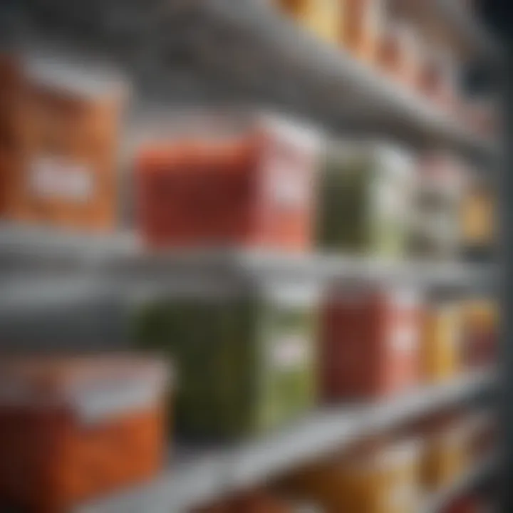Clear stacking bins in a well-organized freezer.