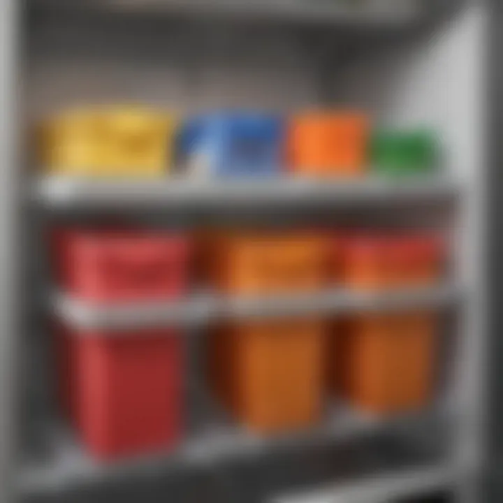Color-coded bins and containers in a freezer.