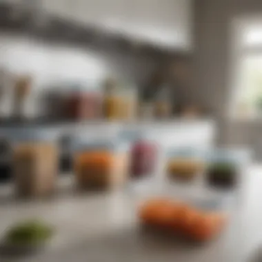 A neatly organized kitchen space featuring disposable vacuum seal containers filled with various foods.