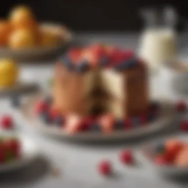 Delightful Presentation of Gluten-Free Cake A slice of gluten-free cake served on a decorative plate with fresh fruits