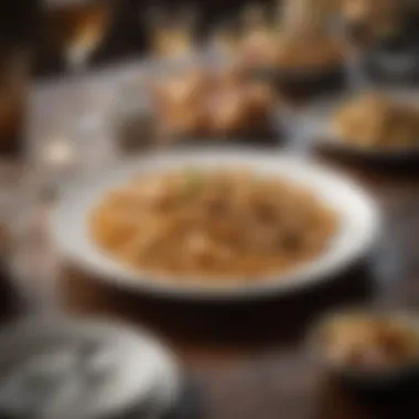 An elegant dining setup featuring penne with chicken