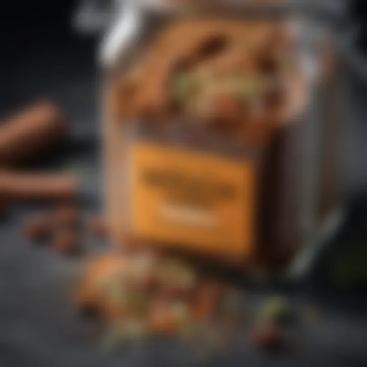 A close-up of a personalized barbecue seasoning blend in a glass jar with herbs and spices.