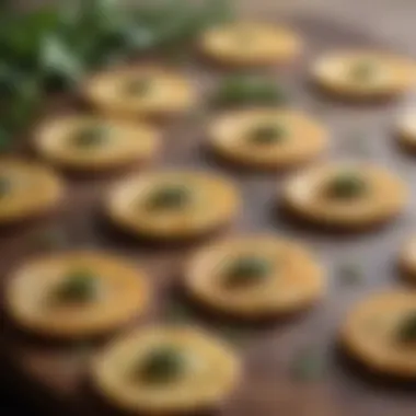 Close-up of freshly baked Parmesan crisps with a sprinkle of herbs