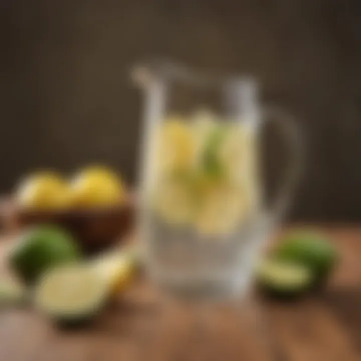 A pitcher filled with lemon and lime water on a wooden table