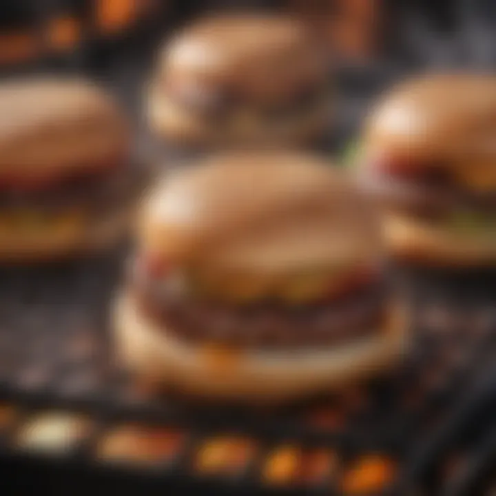 Sizzling hamburger patties on a grill with smoky ambiance